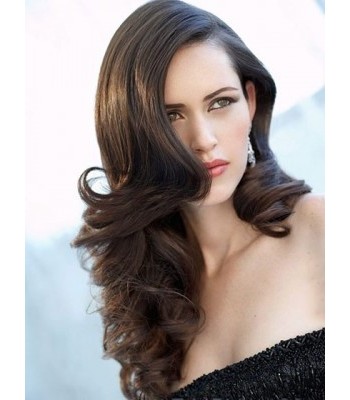 Hellbraune Lange Gewellte Echthaar-Vollspitze-Perücken