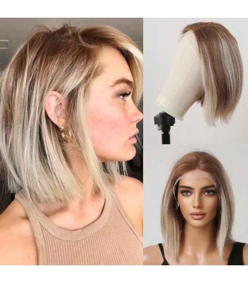 Erschwingliche Braune Perücke Mit Blonden Strähnchen Aus Echthaar Erschwingliche Braune Perücke Mit Blonden Strähnchen Aus Echthaar