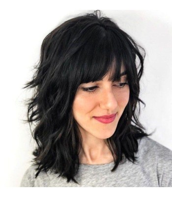 Schwarze Geschichtete Echthaarperücken Mit Vollem Pony Schwarze Geschichtete Echthaarperücken Mit Vollem Pony