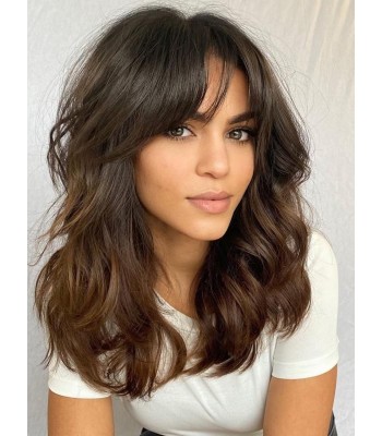 150% Dichte Lang Wellig Kappenlos Echthaar Perücken Mit Dem Pony