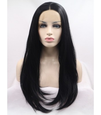 Gerade Schwarz Lang Spitzefront Perücken Gerade Schwarz Lang Spitzefront Perücken